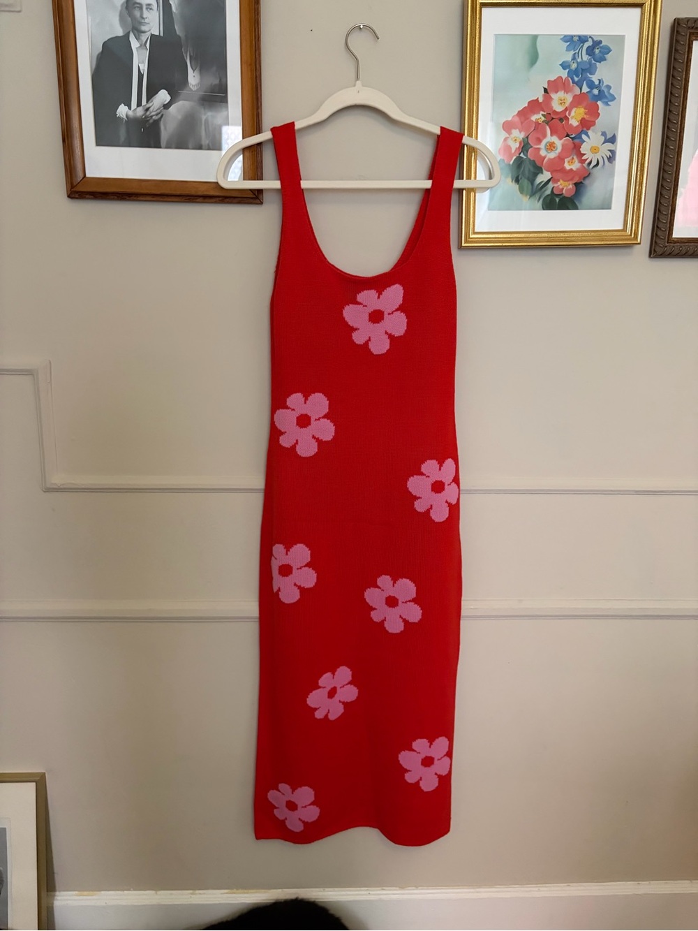 H&M Red Knit Tank Midi Dress with Pink Floral Motif